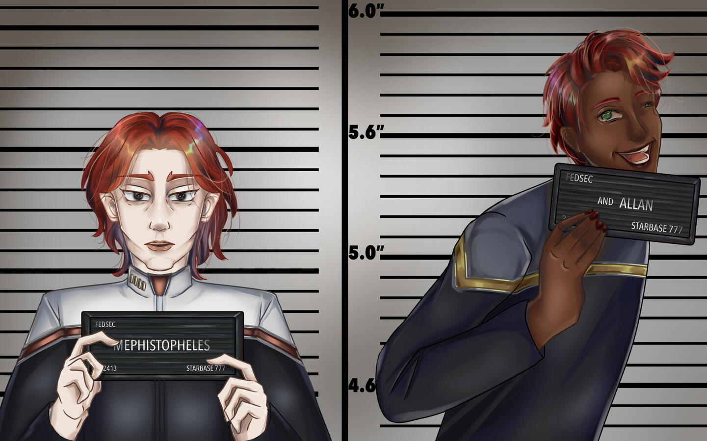 Semi-realistic, 2 figures, meme redraw + hand drawn background