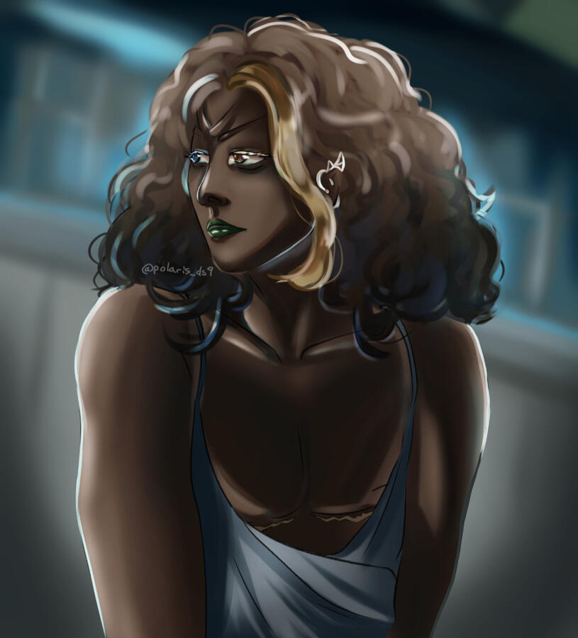 Semi-realistic, torso + hand drawn background